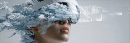 A person explores advanced virtual reality, immersed in clouds and data projections for an engaging experience.の素材