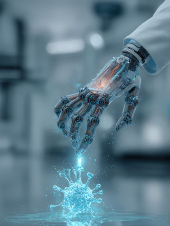A robotic hand touches a water droplet resembling a virus in a modern lab, showing advanced technology and research.の素材