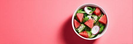Vibrant salad features fresh watermelon, cucumber slices, and radish on a colorful pink background for a healthy meal.の素材
