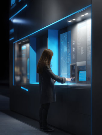 Visitor engages with a high-tech display showcasing information about innovations in a contemporary venue at night.の素材