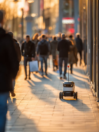 A robot delivery assistant moves along a crowded street as people walk by, illuminated by warm sunset light.の素材