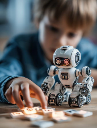 A child gently touches a small robot toy during a fun activity focused on learning and exploration at home.の素材
