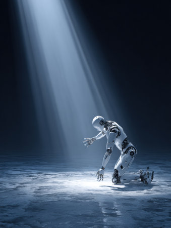 A humanoid robot kneels under a beam of light, symbolizing a search for meaning and connection in a dark setting.の素材
