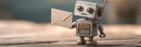 A small robot stands on a wooden surface, holding a letter. The space is warm and inviting, filled with soft light.の素材