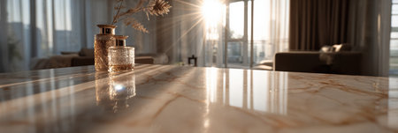 Sunlight fills a chic space, showcasing a marble table adorned with decorative bottles and soft furnishings.の素材