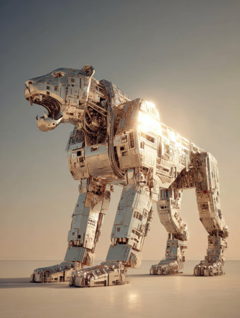 A metallic robotic lion stands tall at sunset, showing the fusion of technology and creativity.の素材