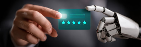 A human and robot hand towards reach a review card displaying a rating, reflecting collaboration in a modern workspace.の素材