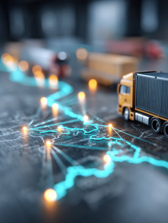 Trucks navigate a glowing route on a map, showcasing transport logistics in a busy warehouse environment.の素材