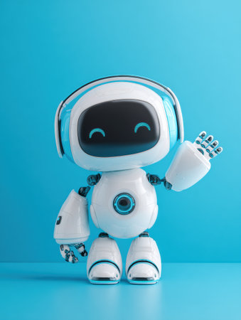 A cheerful little robot waves against a bright blue background, showing its playful design.の素材