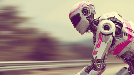 A sleek robot races on a bike along a winding track, highlighting advanced design against a scenic backdrop.の素材