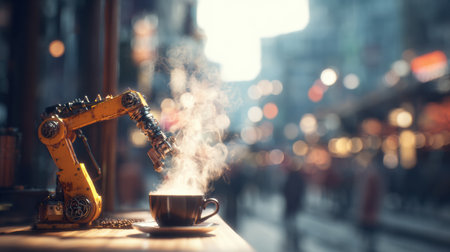 A robotic arm steams a cup of coffee in a vibrant, bustling cafの素材