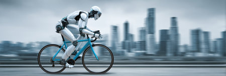 A futuristic robot on a blue bike races through a city, blending technology and urban life at twilight.の素材