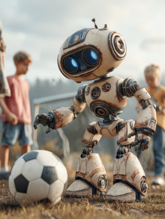 A friendly robot interacts with kids while playing soccer in a park filled with sun and laughter.の素材