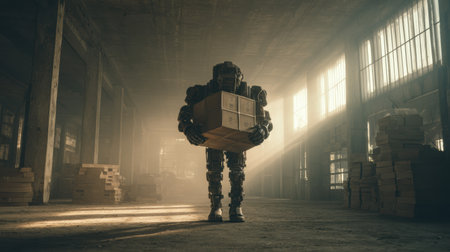 A robot lifts a box in a dusty warehouse, sunlight streaming through windows and casting dramatic shadows.の素材
