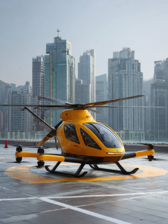 Yellow helicopter stands ready on a helipad, surrounded by tall buildings in a busy city at dawn.の素材