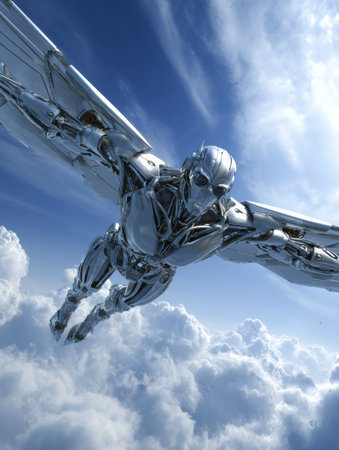 A futuristic robot with silver wings glides over fluffy clouds in a clear blue sky, showcasing advanced tech.の素材