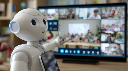A robot aids virtual learning by interacting with students on a large screen during online classes.の素材
