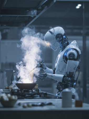 In a kitchen, a robot is cooking. It uses chopsticks to stir noodles in a pan on a gas stove; steam is rising.の素材