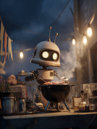 A robot is grilling meat on a barbecue grill. String lights are strung in the background at dusk or night.の素材
