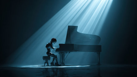 A metallic robot is playing a grand piano in a dark, reflective room. Blue light dramatically illuminates the scene.の素材
