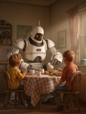 Two young boys enjoy breakfast at a table with a friendly robot in a warm, inviting kitchen.の素材