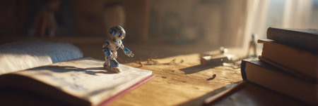 A small robot stands on an open notebook on a wooden table surrounded by books and scattered tools in soft sunlight.の素材
