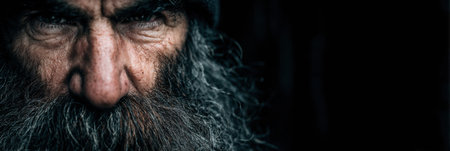 Close up shows a stern old man with a long beard staring directly at the viewer, dark background.の素材