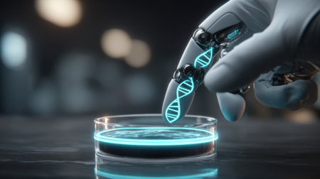 A robotic hand holds a glowing DNA strand above a dark petri dish in a high-tech lab, highlighting advanced tech.の素材