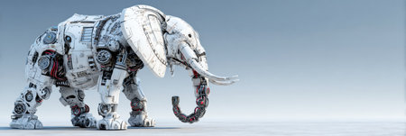 A white robotic elephant showcases innovation with its sleek design and intricate machinery on a simple background.の素材