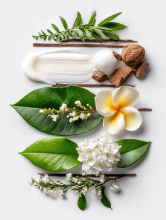 A collection of natural ingredients, including leaves, flowers, and nuts, showcases the beauty of skincare components.の素材