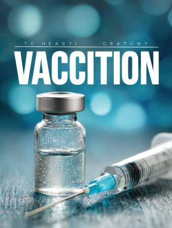 A syringe sits beside a glass vial filled with liquid on a wooden surface, highlighted by a blurred, vibrant background.の素材