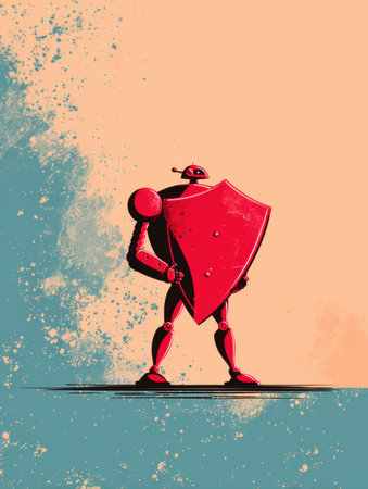 A red robot warrior with a large shield stands against a vibrant, textured backdrop, showcasing artistic flair.の素材