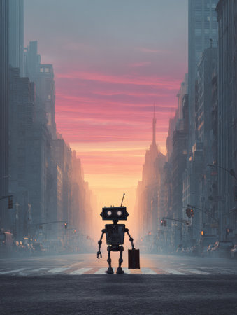Robot walks city street at dusk, briefcase in hand, sunset colors.の素材