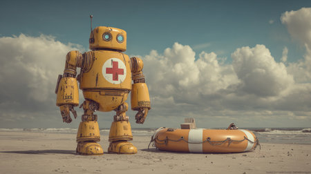 A mechanical lifeguard patrols the sandy beach beside a float, ready for emergencies on a cloudy day.の素材