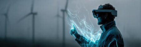 A person enjoys virtual reality among foggy wind turbines at dawn, creating an innovative atmosphere.の素材