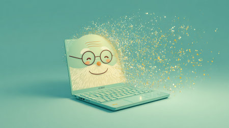 A cheerful character with glasses and a beard springs to life from a laptop in a vibrant, sparkly setting.の素材