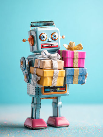 A toy robot holds several brightly wrapped gift boxes, creating a festive mood against a light blue backdrop.の素材
