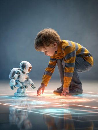 A young boy crouches to touch a small robot on a glowing floor, exploring joy and curiosity in a sci-fi background.の素材