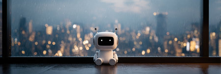 Small robot sits by a window, gazing at a rainy city skyline filled with lights in the evening.の素材