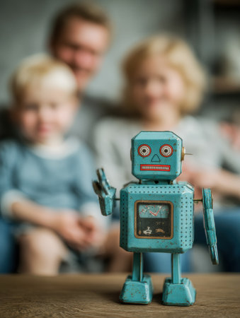 A cheerful vintage robot stands in focus while a family enjoys time together in a cozy living room environment.の素材