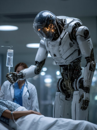 Robot carefully monitors intravenous fluids being administered to a patient, while a doctor watches in the background.の素材