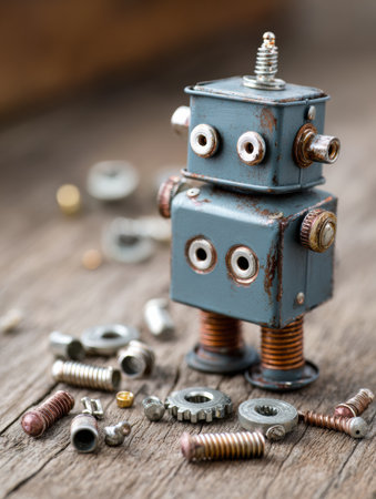 A cute retro robot stands among assorted screws and metal pieces on an aged wooden background.の素材