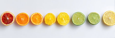Citrus fruit slices lined up on a white background, showing vibrant colors and textures in a fresh display.の素材