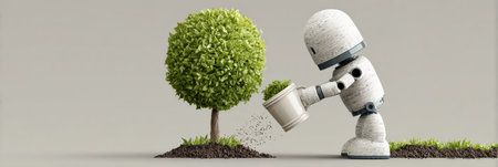 A robot gently waters a small tree in a calm setting, representing the harmony between nature and innovation.の素材