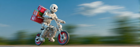 A white robot rides a motorcycle, carrying packages against a blurry background.の素材