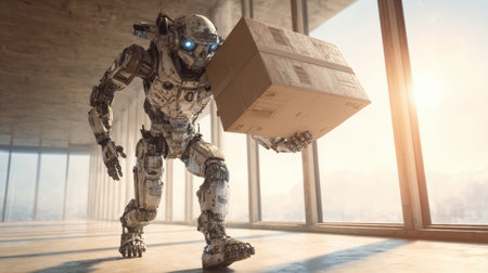 A robot is seen delivering a package in a contemporary space with large windows, illuminated by the warm glow of sunset.の素材