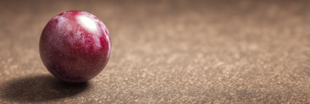 A lone purple fruit rests on a smooth brown surface, its glossy skin shining in gentle light.の素材
