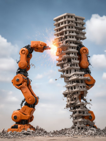 A robotic arm demolishes a damaged building, sending sparks flying under a clear blue sky, showcasing tech.の素材