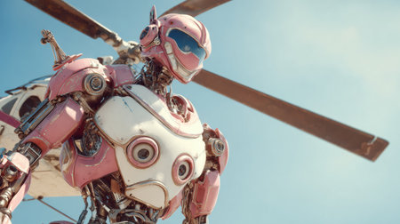 A pink-armored robot stands beside a helicopter under a bright blue sky, highlighting its impressive design.の素材