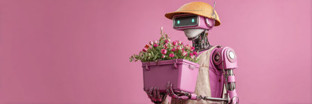 A friendly robot in pink holds a flower box against a pastel pink backdrop, blending technology and nature.の素材